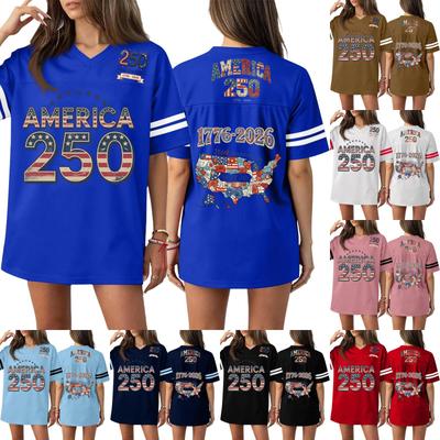 Camiseta Esportiva Casual Feminina com Gola V, Estampa do Dia da Independência, Manga Curta