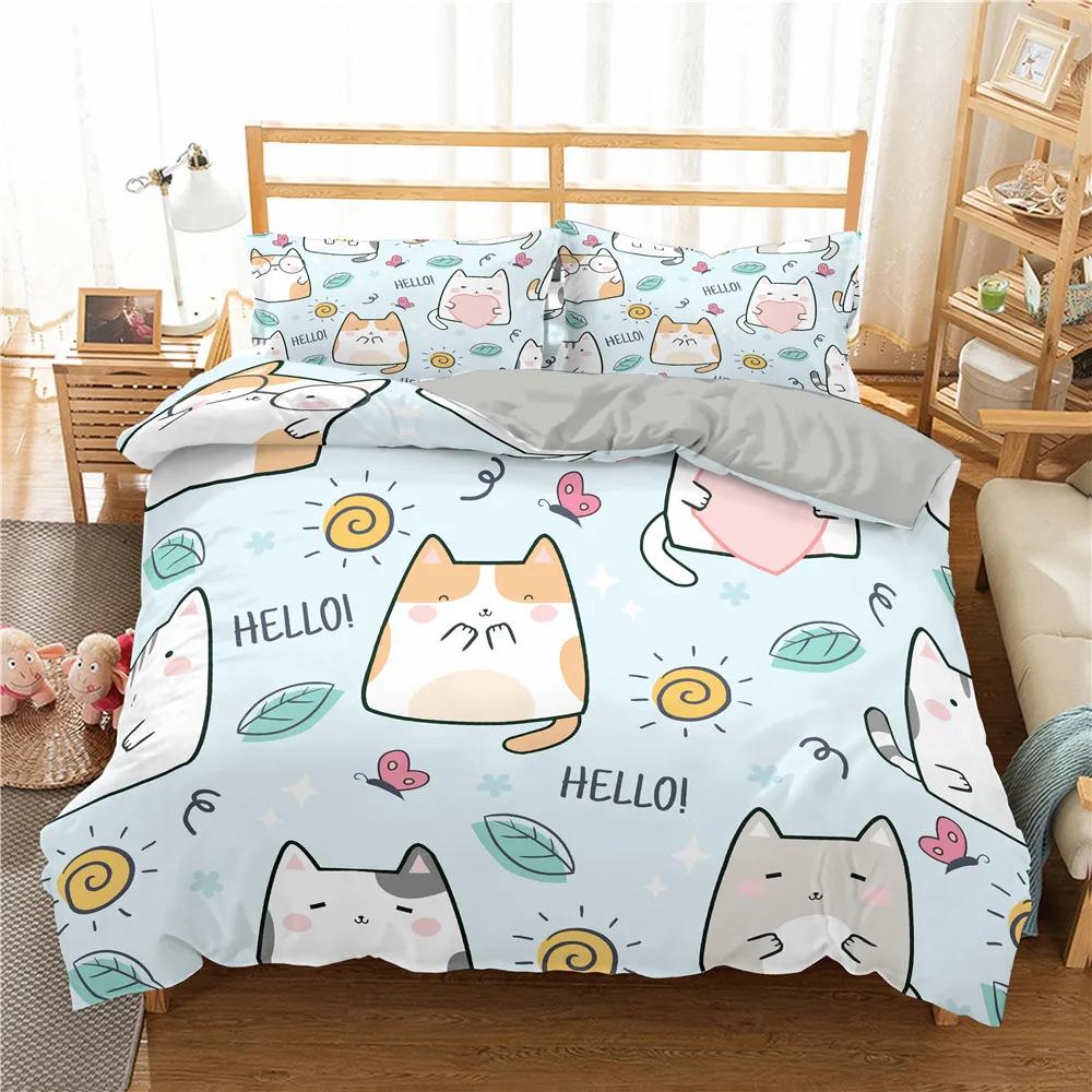 Sevimli Evcil Kediler Yatak Takımı Karikatür Yavru Kedi Baskılı Yorgan Kılıfı Yastık Kılıfı Kız İkiz Tam King Çift Kişilik Polyester Yorgan Kılıfı