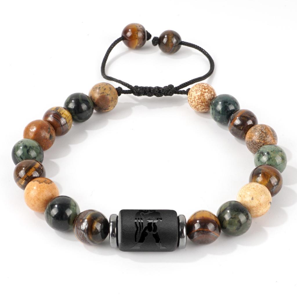 Vintage Zodiac Bracelet for Men 8mm Natural Black Onyx Tiger Eye Stone Star Sign Constellation Friendship Prayer Blessing Bracelet Gifts