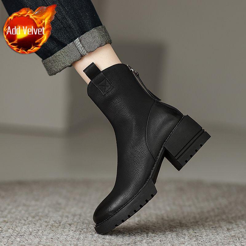 Woman Short Shoes Fur Chelsea Elegant with Medium Heels Booties Black Ankle Boots for Women Leather Winter 2024 New In Hot Chic