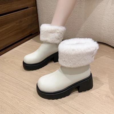 Mode Dames Schoenen in de Aanbieding 2024 Nieuwe Rits Dames Laarzen Winter Ronde Neus Pluche Fleece voor Warmte Effen Korte Schacht Platform Laarzen