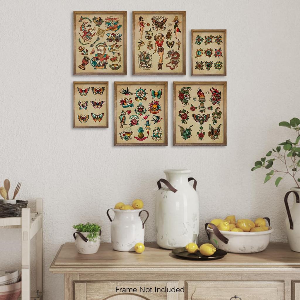 Tattoo Shop Wall Decoration - Old School Tattoo Pictures - Vintage Tattoo Poster Picture Set - Gift for Tattooist - Tattoo Flash Wall Art & Decor -