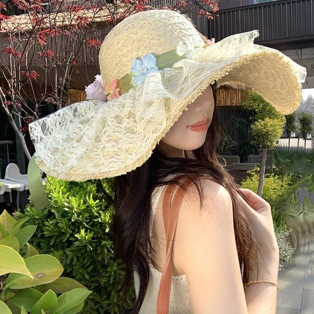 Breathable Vacation Beach Cap Flower Woven Sun Cap Solid Color Lafite Straw Hat  Carnival