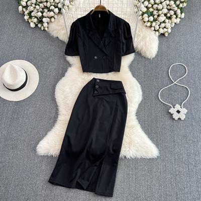 Costume pour femmes Revers rétro Manches bouffantes amples Veste de costume courte Deux pièces Taille haute Jupe fendue