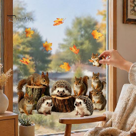 Creative Home Decor Gifts 2PCS Static Window Sticker, Squirrel And Hedgehog Printed, Autumn Forest Decals Theme Waterproof PVC Decal, for Glass Doors