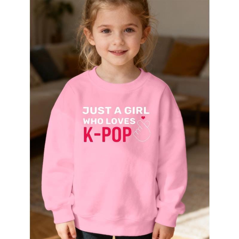 Kids Unisex Crewneck Sweatshirt, Just A Girl Who Loves K-POP Heart Hand Print Long Sleeve Pullover, Kids Sweatshirt For Boys Girls Over 4 Years Old