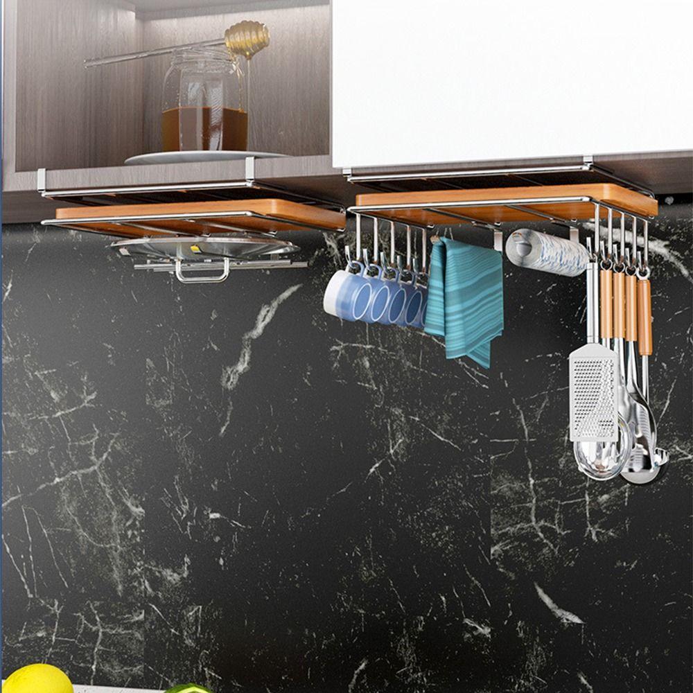 Under Cupboard Stainless Steel Storage Shelves with Hooks Pot Lid Storage Rack Cupboard