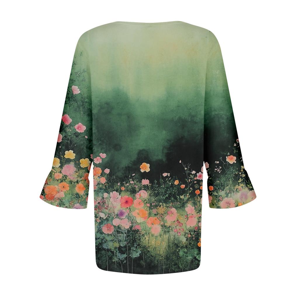 Damenmode Lässig Plissiert Rundhals Blumenmuster Dreiviertelarm T-Shirt Top