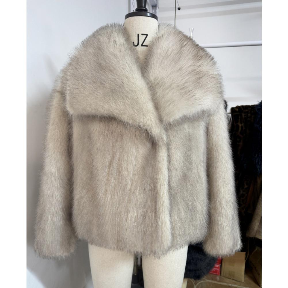 Women's Lapel Long Sleeve Faux Fur Short Coat Loose Sweet Solid Color Warm Winter Furry Outerwear Jacket