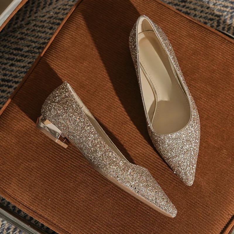 Sexy Shiny Sequin Pumps Women 2026 New Pointed Toe Low Heels Wedding Party Shoes Slip-on Bling Glitter Bride Heeled Footwears