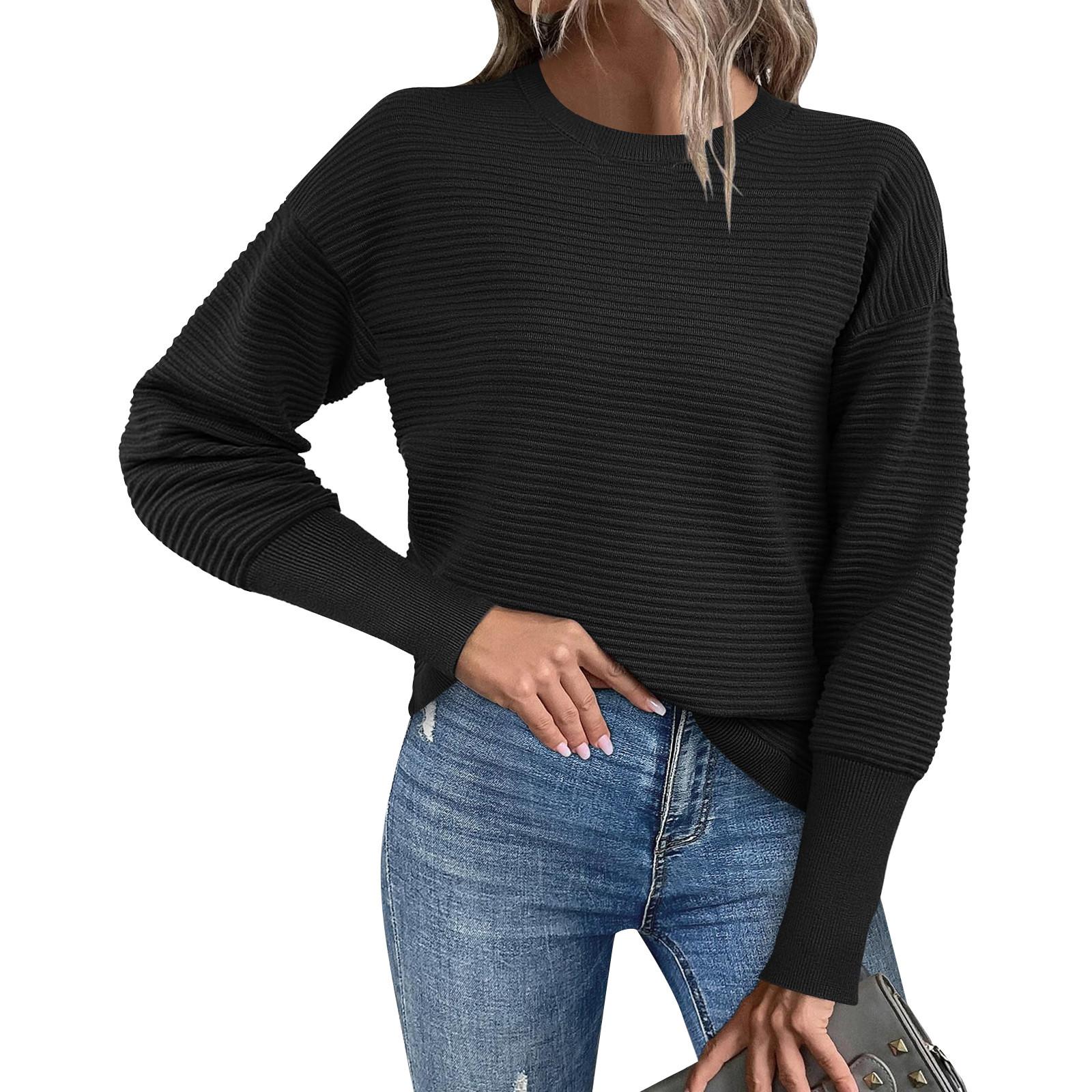 Женский свитер в полоску осень-зима с длинным рукавом и открытыми плечами свободный трикотажный пуловер L чёрный 2949₽