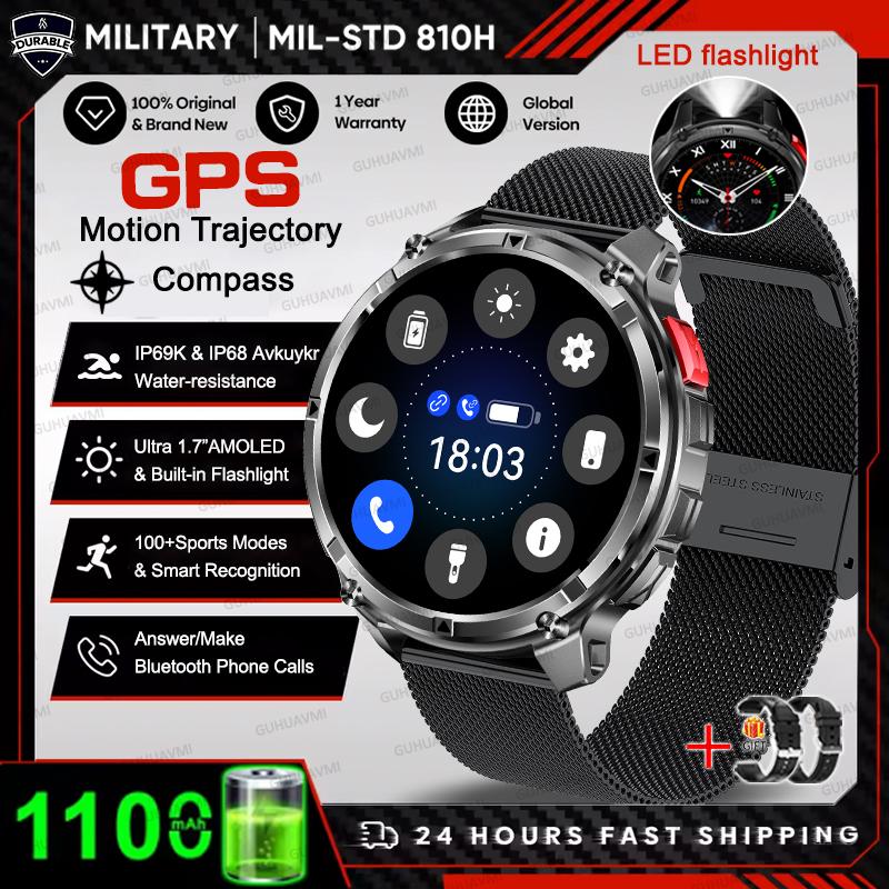 1100mAh Large Battery Durable Adult Smart Watch GPS Strong Flashlight 10ATM Waterproof BT Call Sport Smartwatch Men