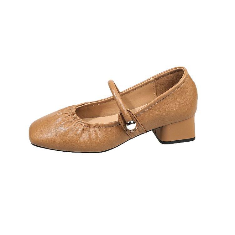 Soft Leather Women's Shoes with Single Shoes, New Spring Mid-heel Square Head Mary Jane Cheongsam Leather Shoes with Soft Soles