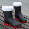 New Rain Shoes Women's Medium Tube Fleece Warm Winter Rubber Shoes Overshoes Students Thickened Rain Boots Water Shoes Work Light Winter