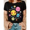 Funny Cartoon Joyful Face Print Tee Teacher Life Crew Neck Short Sleeve Teacher Appreciation Day Gift Casual Top
