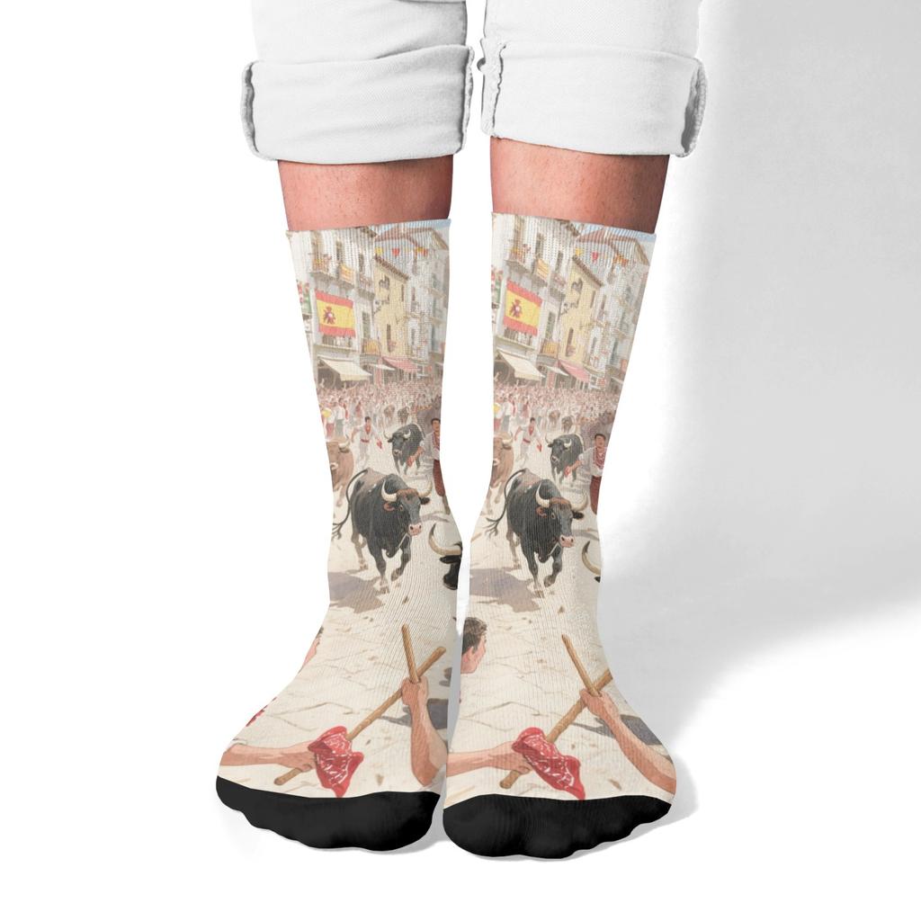 Spanish Cartoon Bull-running Festival Print Unisex Soft Skin-friendly Breathable Harajuku Style Daily Socks Hip-hop Novelty Gift