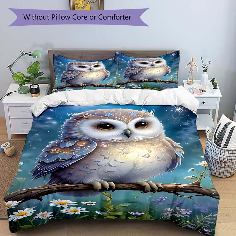 3pcs Anime Owl Comforter Set with Two Pillowcases (No Core), Home Decor, Festival Gift, Polyester Fabric