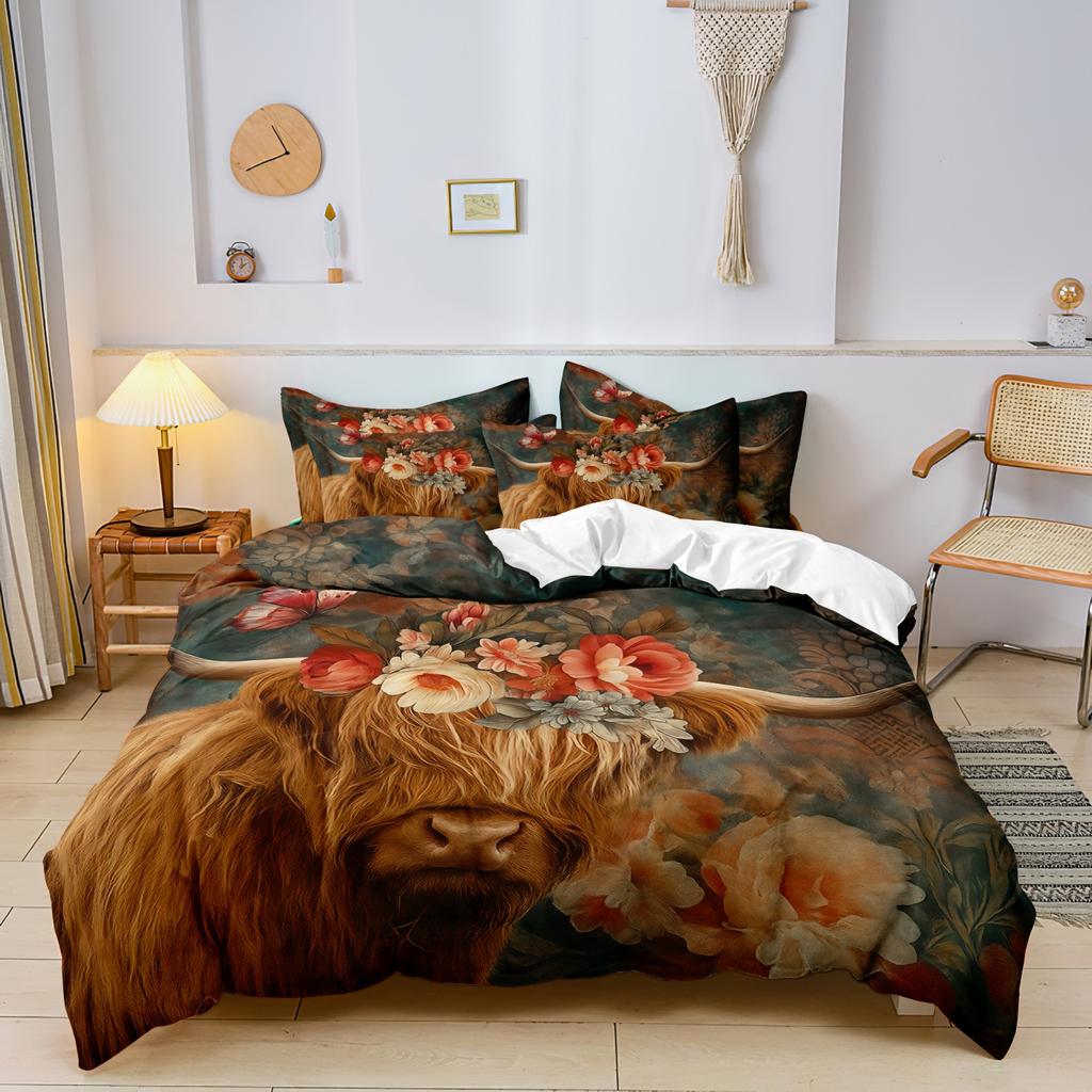 3pcs Highland Cow Pattern Duvet Cover Set Fabric With Digital Animal Print 1 Duvet Cover And 2 Pillowcases (No Quilt)