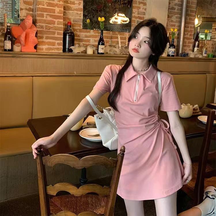 Pink sweet and spicy skirt T-shirt dress summer drawstring waist and thin new sports pure desire skirt