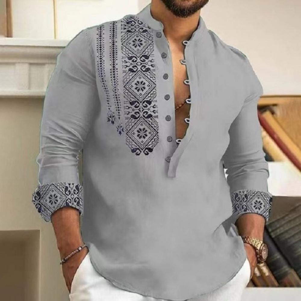 Vår- och höstmode Casual Herr Långärmad Skjorta Blus med tryckt knäppning Lös Henry Neck Strandtoppar för män