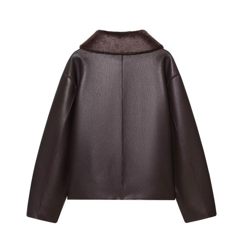 Womens Faux Leather Reversible Jacket Double-sided Thick Winter Coat Regular Fit XS S M L