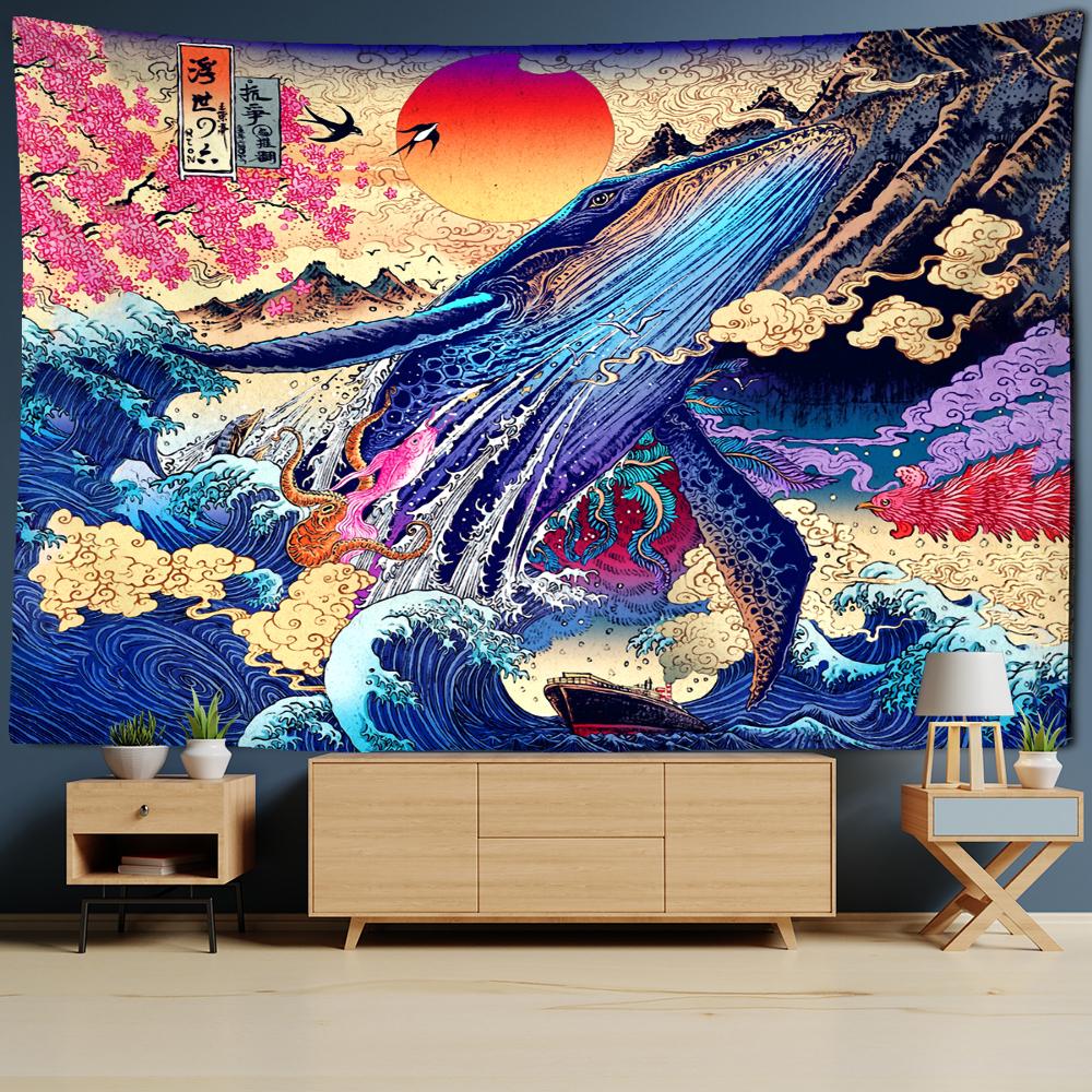 Japanese Illustration Tapestry Wall Hanging Kanagawa Wave Printing Bohemian Hippie Bedroom Home Decor