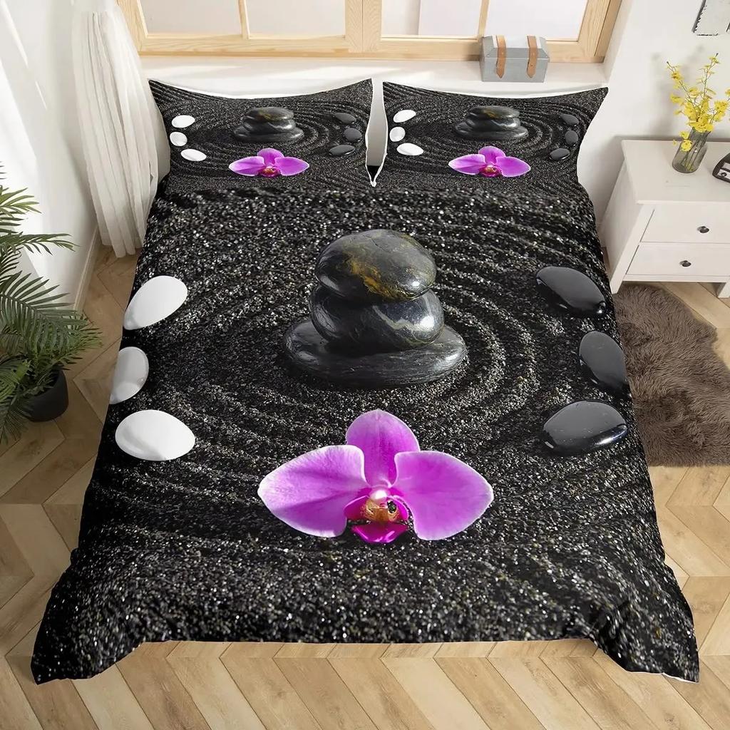 Zen Påslakanset Sandstrand Meditation Sängkläder Zenstenar Täcke Örngott Lugn Natur Konstverk Quiltöverdrag Full Size