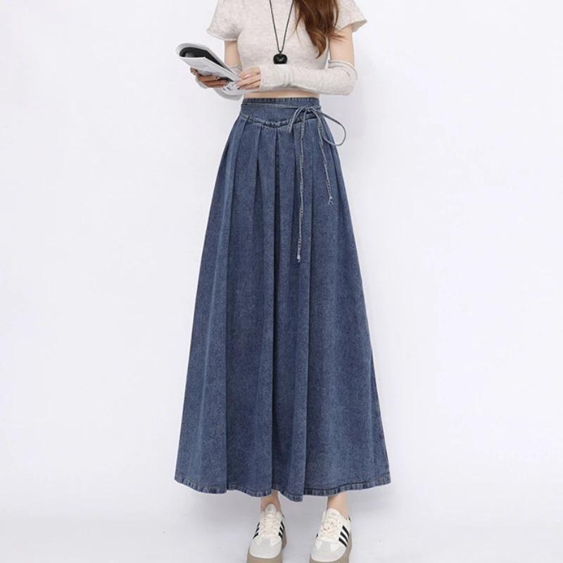 Lace Up Corset Midi Long Skirts Women Spring Summer Korea Style Vintage High Waist Jean Skirt A Line Ruffle Pleated Denim