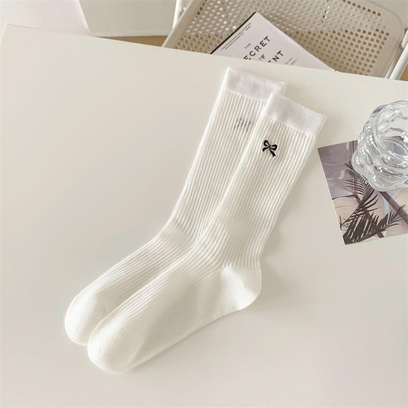 Bow Ultra-Thin Medium Tube Socks Solid Color Cotton Breathable Mesh Socks Ballet Style Stacking Socks