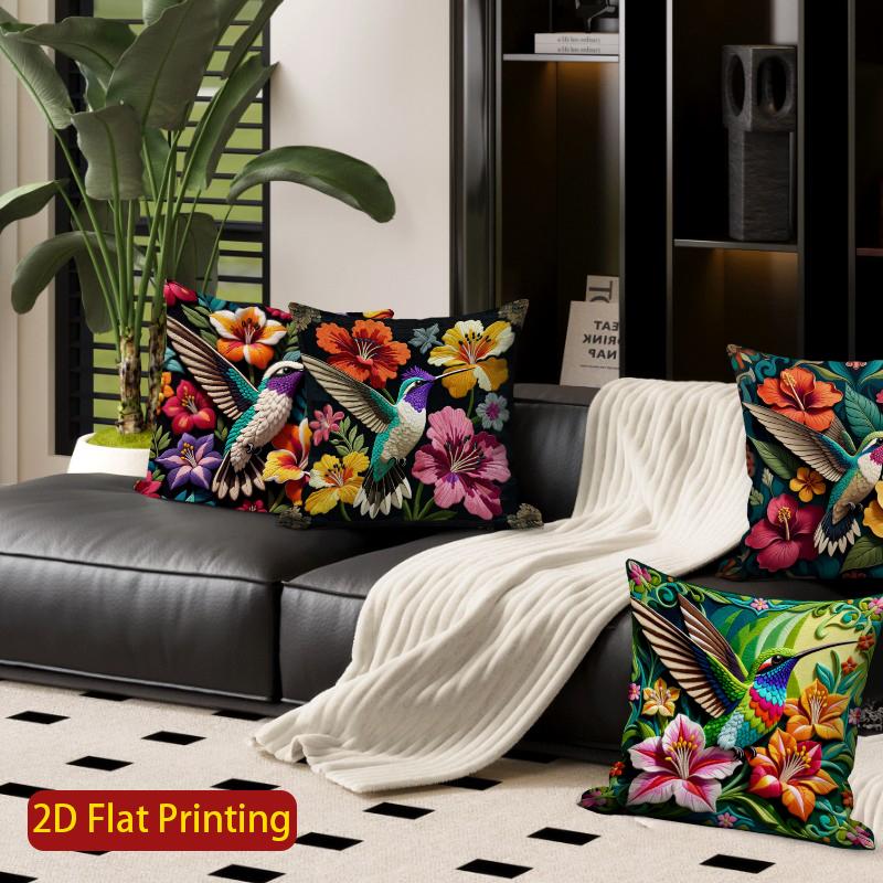 2D Tropical Hummingbird Floral Throw Pillow Covers Pattern Cushion Cover Suitable For Sofa Bedroom Car Pillow Cover