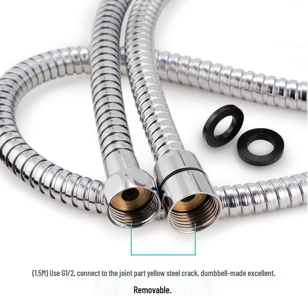 Adjustable Universal Shower Hose, 1.5-2m, Stainless Steel, Copper Cap, Double Buckle Flexible Tube for Hot/Cold Water
