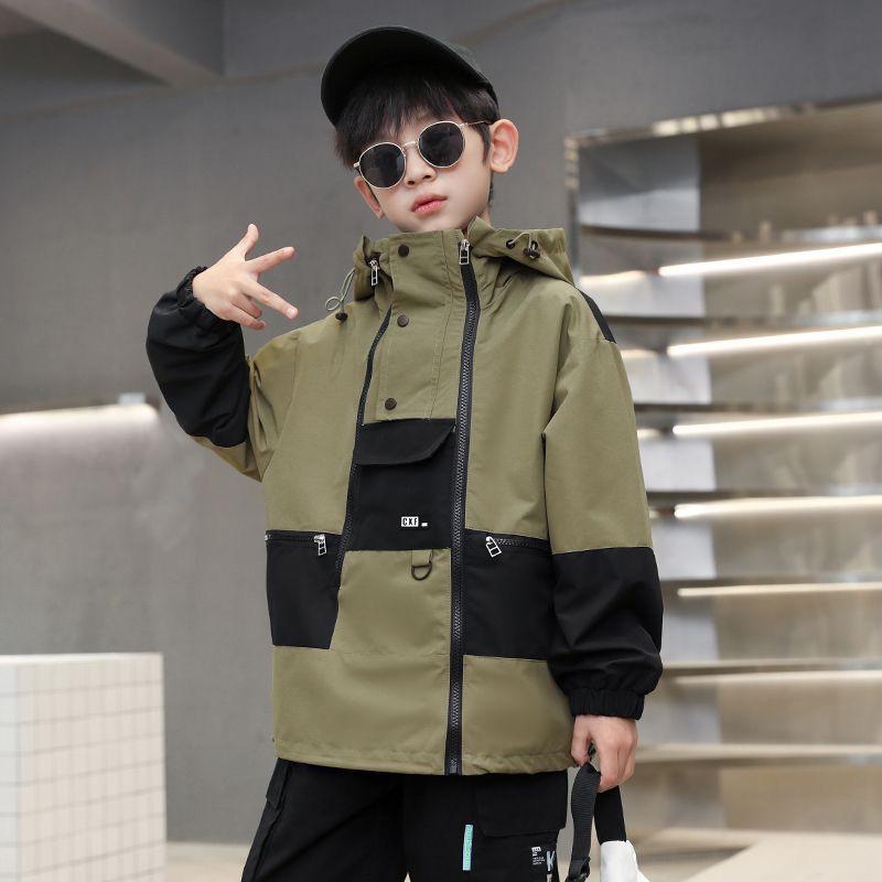 Spring and Autumn Children's Spliced Jacket Windbreaker Big Children's Thin Western Style Casual Hooded Jacket for Boys