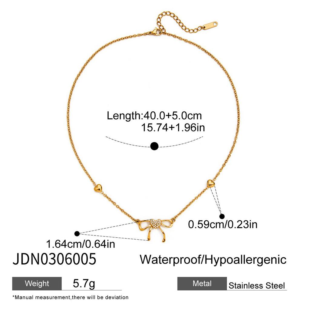 MJ Exquisite 18K Gold Stainless Steel Link Chain Rhinestone Hollow Bow Heart Necklace with Diamond and Zircon for Parties