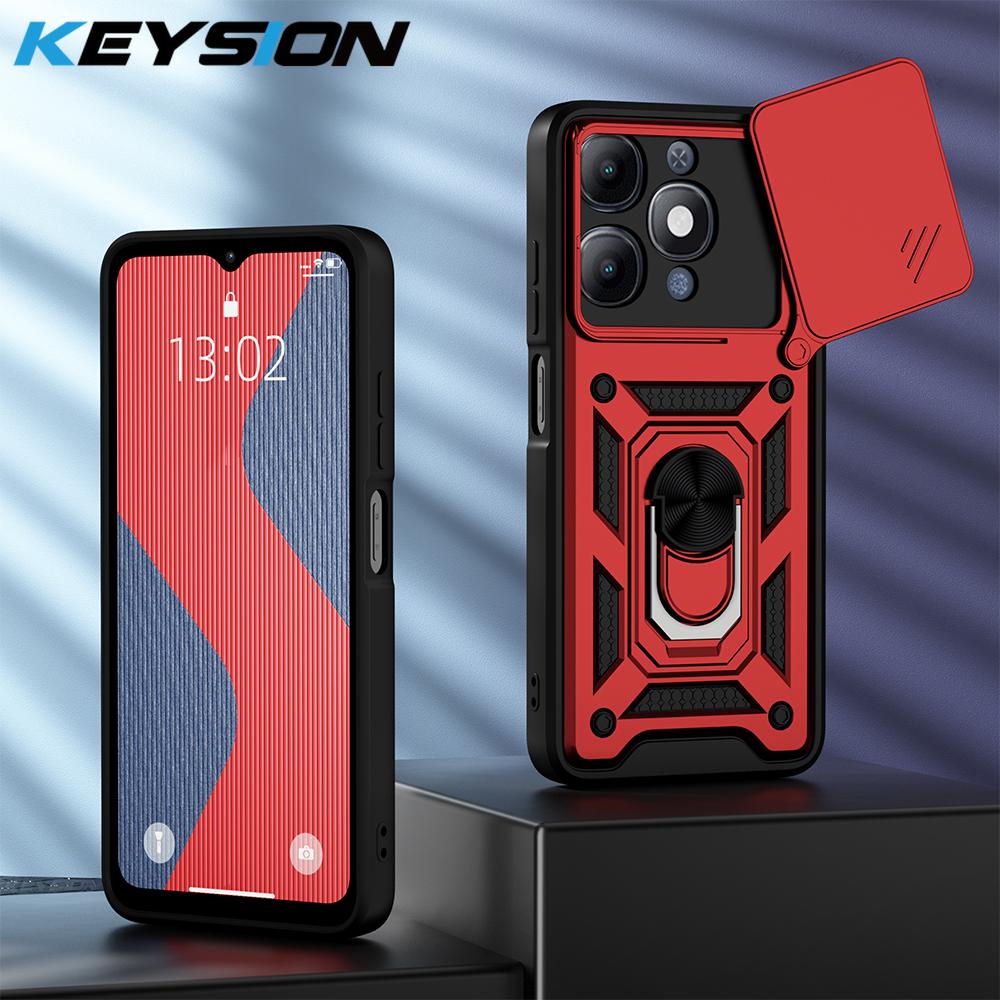 KEYSION Shockproof Armor Case for Itel A90 4G Silicone+PC Slide Camera Lens Protection Ring Stand Phone Back Cover for Itel A90