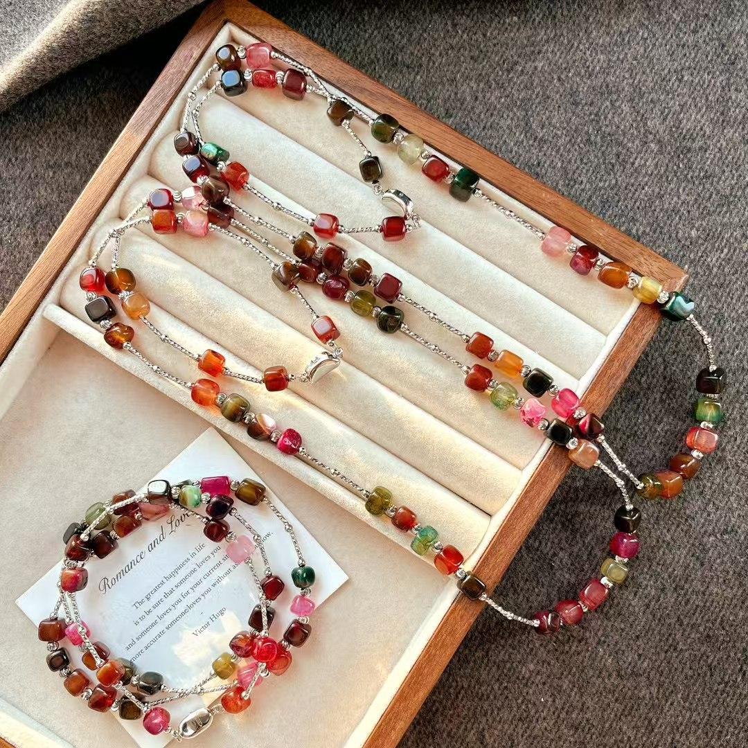 

Retro High Quality Colorful Natural Agate Sugar Cube Sweater Chain Collarbone Chain Necklace