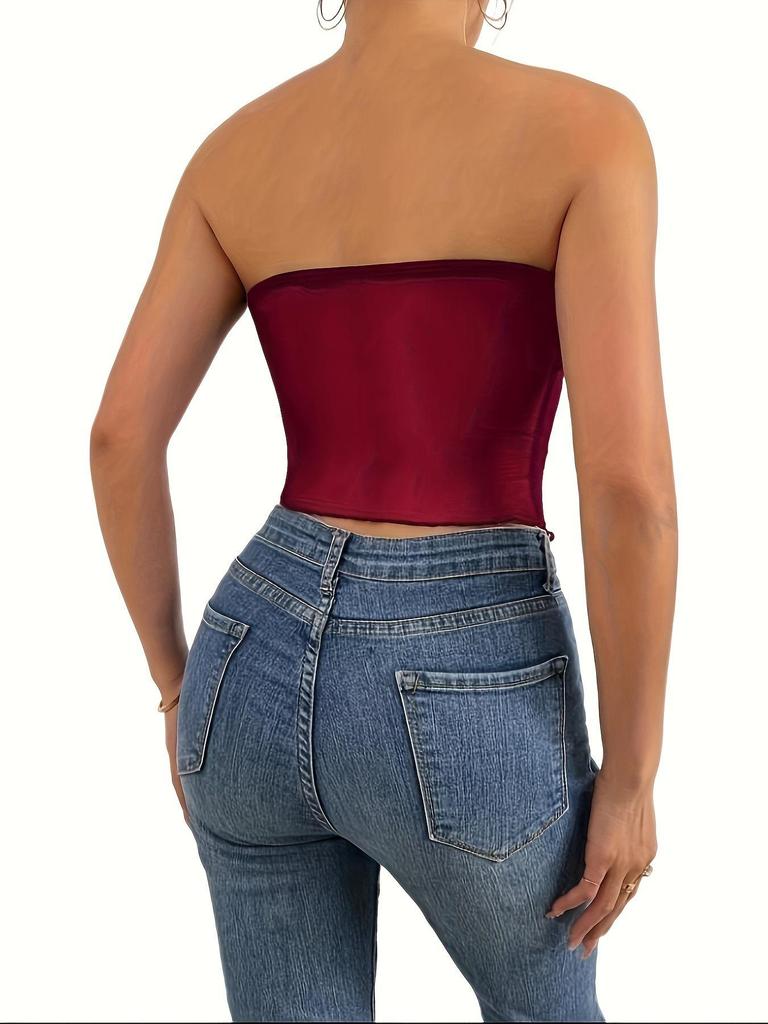 European & American Women's Summer 2024 Slim Fit Strapless Vest: Solid Color, Side Drawstring, Irregular Slit Design
