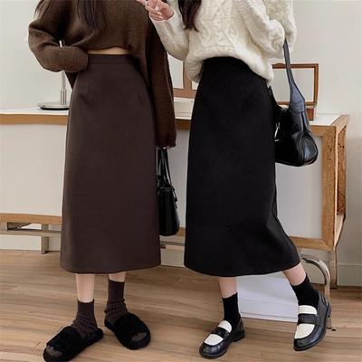 Women A-Line Skirt Elastic High Waist Solid Color Retro Slit Skirt Solid Autumn