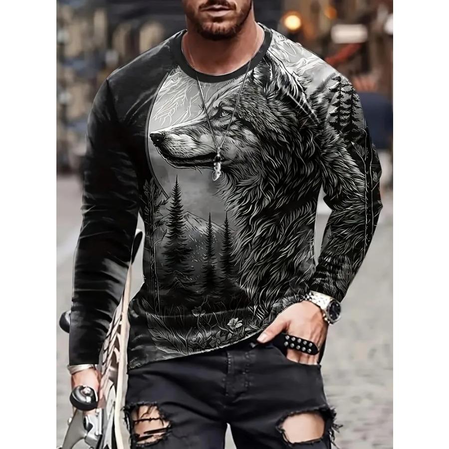 T Shirt for Mens Wolf Pattern Print Long Sleeve Leisure 3D Polyester Man's T-shirts