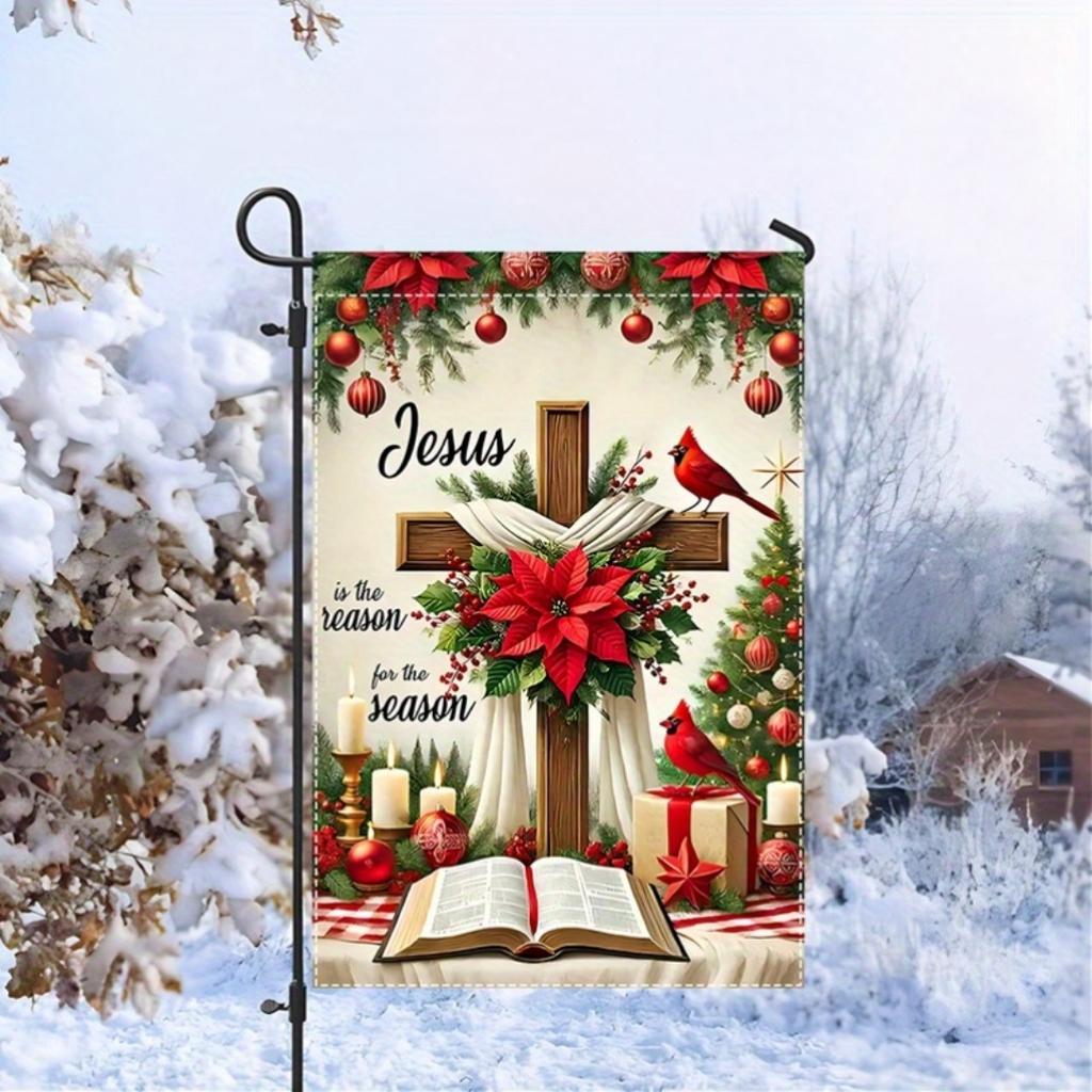 1pc 30x45cm Christmas Garden Flag Sacred Jesus Cross 3D Print New Year Christmas Yard Outside Decoration No Flag Pole 12X18 Inch