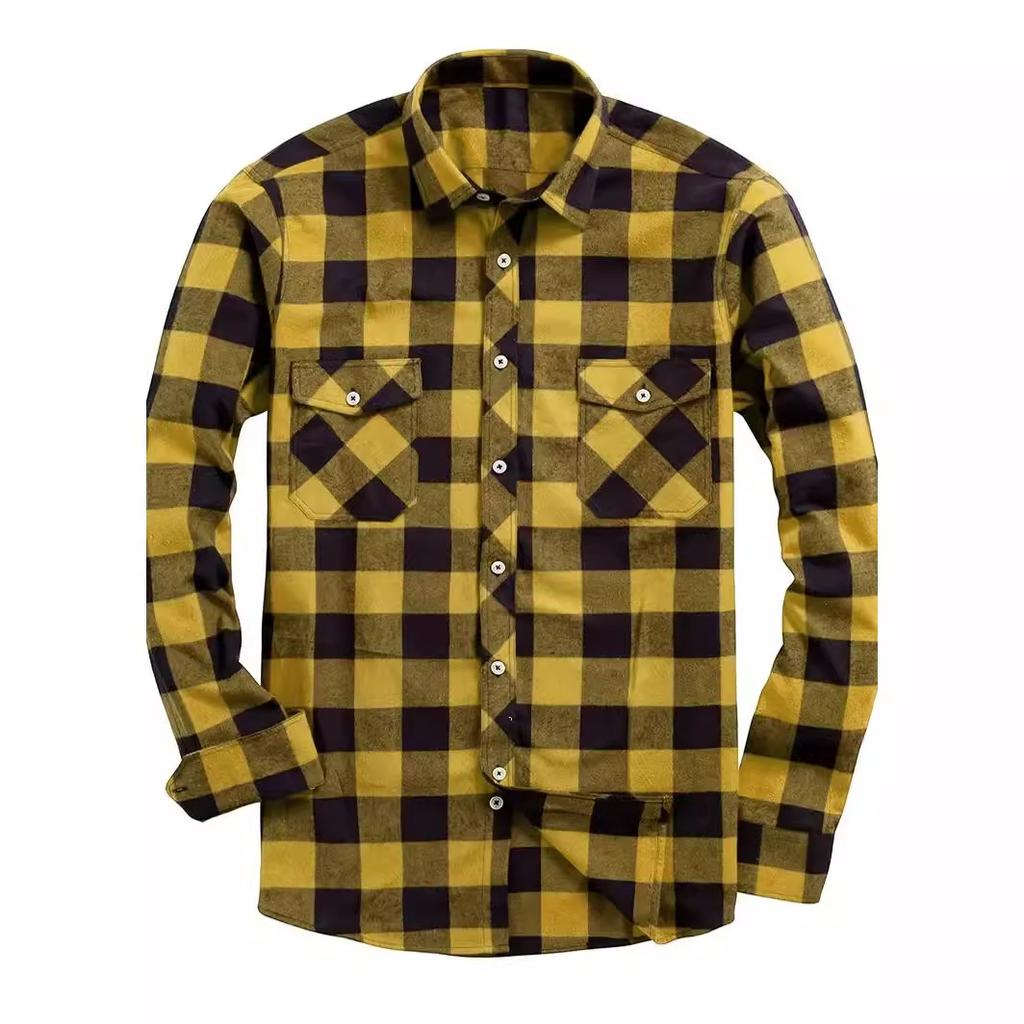 Spring And Autumn Winter New Men'S Checkered Shirt Double Pocket Flannel Casual Checkered Shirt
