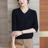 V-Neck Knitted Top Women's 3/4 Sleeve Thin Spring/Summer Orange Shirt Premium Mom Half Sleeve T-shirt