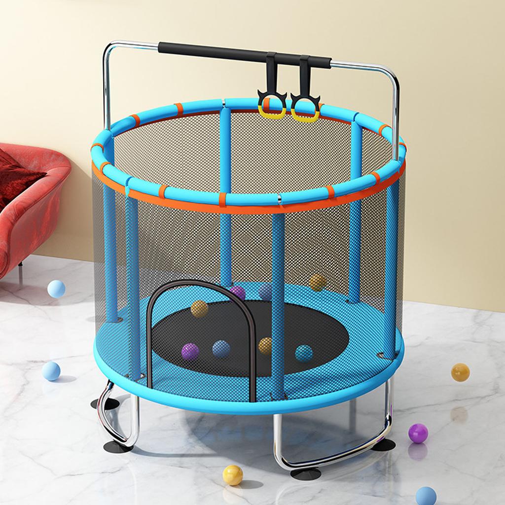 Kinder Trampolin Innen Außen Klein Fitness Trampolin Spielzeug mit Sicherheitsnetz Basketballkorb Gymnastikringe Schaukel für Jungen und Mädchen