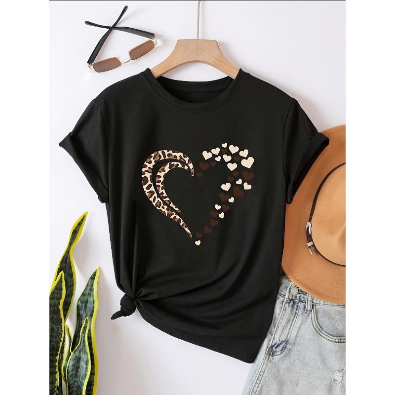 

Womens Printed Loose Fit Casual Short Sleeve Round Neck T Shirt Versatile Style Top 4XL чорний