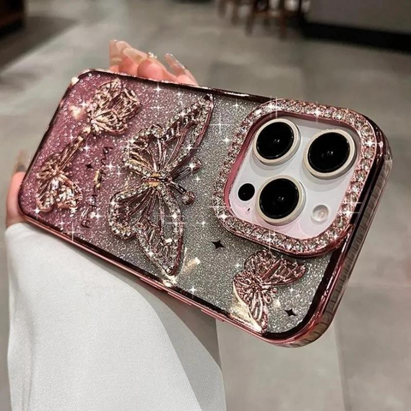 Women Girl's Diamond Butterfly Phone Case for iPhone 17 16 Pro Max 11 12 13 14 15 Plus Transparent Plating Soft Silicone Cover