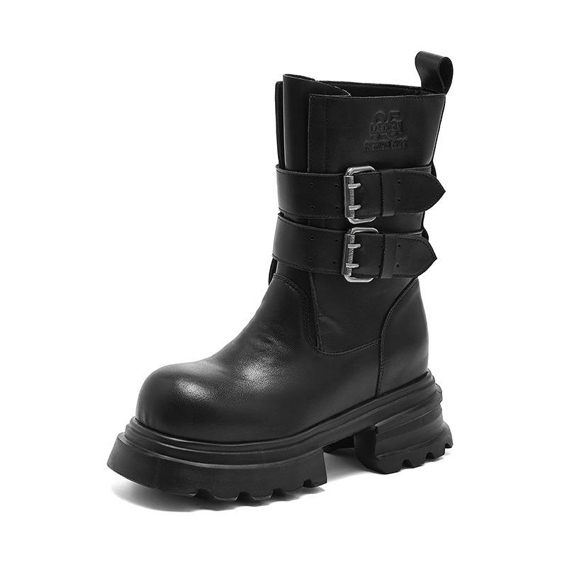Cowhide platform Martin boots women's autumn new thick heel short boots belt buckle medium tube knight boots