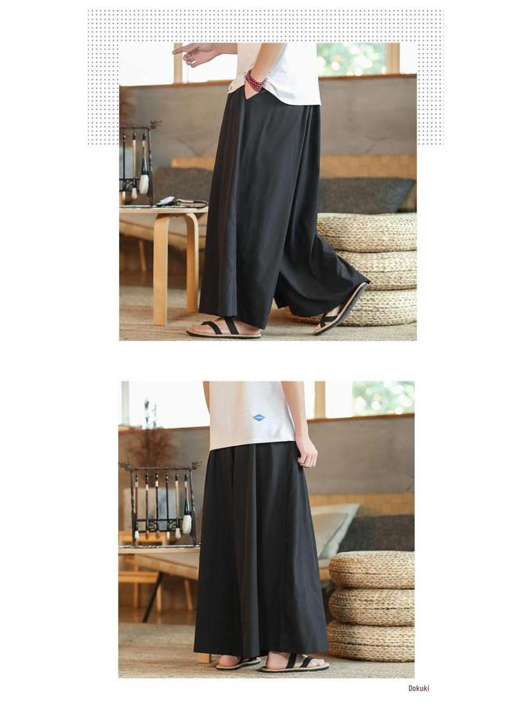 Men's Wide-Leg Ice Silk Culottes - Chinese Style Hanfu Tang Suit Meditation Skirt Pants