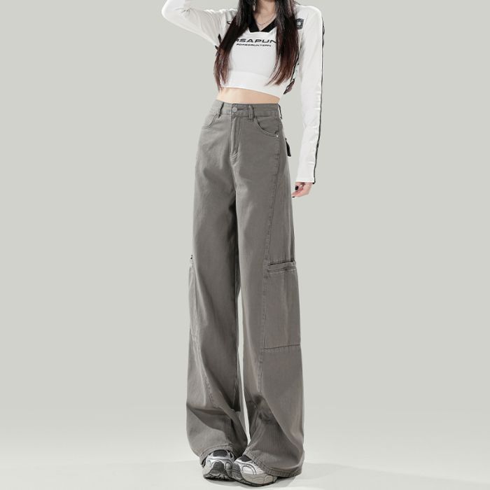 Spring Cement Gray Vintage High Waist Straight Wide Leg Cargo Denim Pants Women Casual Pants Oversize Denim Trousers