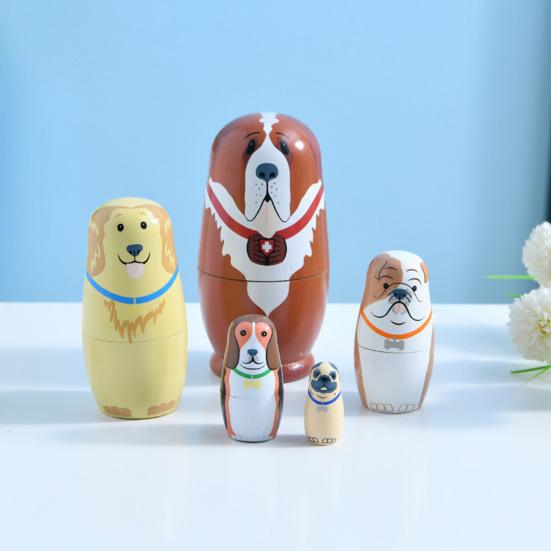 5Pcs/Set Dog Russian Nesting Doll 5 Layers Handmade Wooden Matryoshka Puppy Stacking Toy Home Office Desktop Decoration Ornament