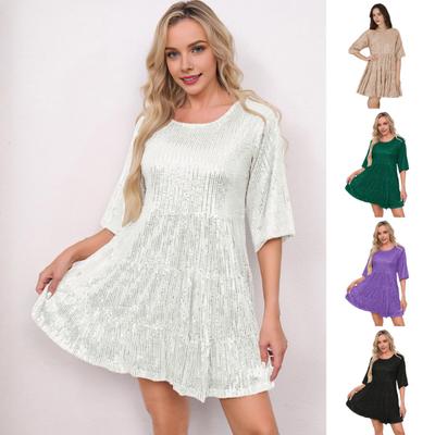 Evening Dress Round Neck Short Sleeves Sequin A-line Loose Hem Mini Dress