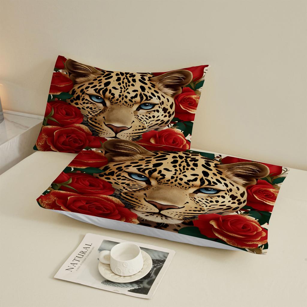 Leopard Print Fitted Sheet Set Red Roses And Leopard Face Design With Pillowcases For Bedroom Decor